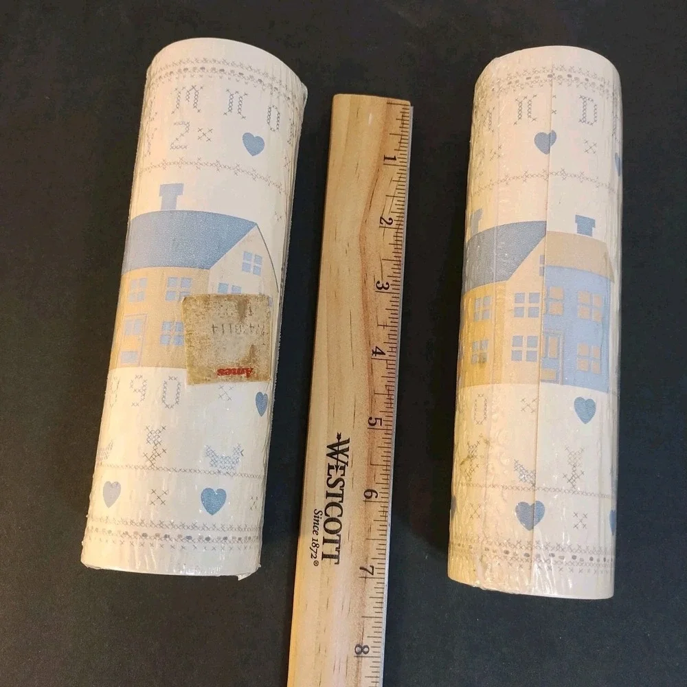 3 VTG Country Cottagecore Wallpaper Border Folk Art Cross Stitch House NEW 5 Yds